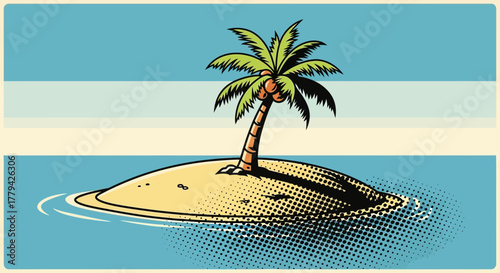 Isolated Palm Island Tropical Getaway Pop Art Vector Illustration