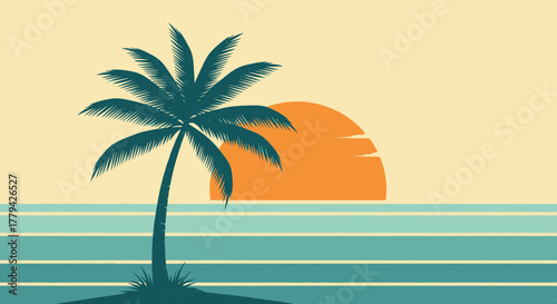 Serene tropical beach sunset with palm silhouette for vacation vibes