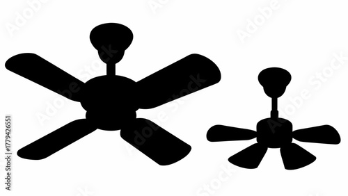 Silhouette illustration of two ceiling fans with multiple blades in different sizes and orientations