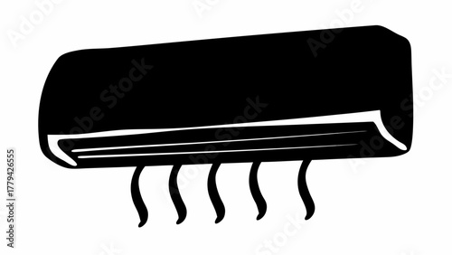 Illustration of a black air conditioner unit with visible cooling vents and air flow depiction present silhouette