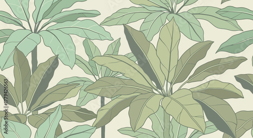 Serene tropical foliage seamless pattern in muted green tones repeat textile