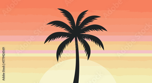 Silhouette of a Palm Tree at Sunset with a Textured Background Illustration