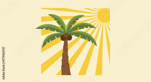 Stylized coconut palm tree silhouette illustration with shining sunbeams
