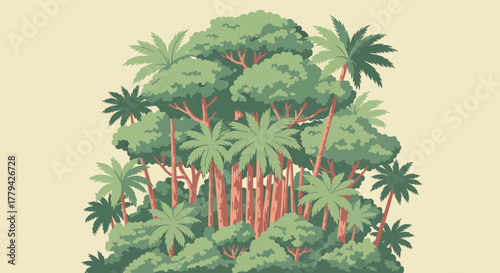 Stylized depiction of a dense jungle with trees and palms in flat design