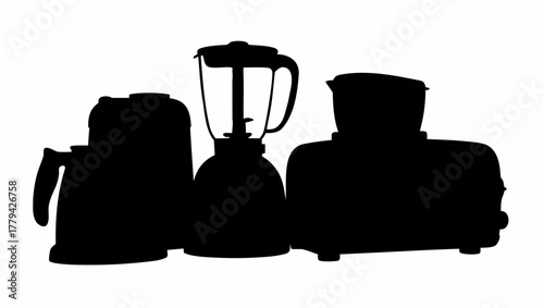 Silhouette depiction of a coffee maker, blender, and toaster arranged side by side on a white surface
