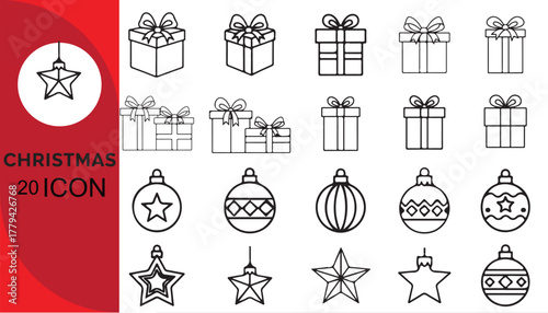 Christmas icons set gift boxes ornaments stars hand drawn