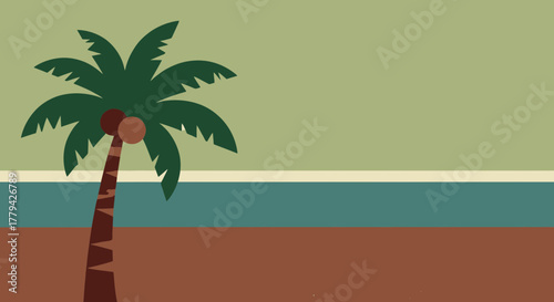 Stylized tropical palm tree illustration over a muted beach scene background