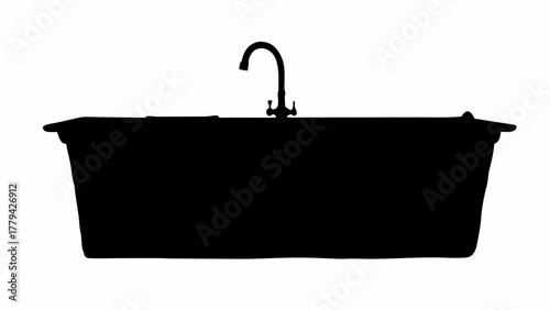 Silhouette of a bathtub with a faucet centered on a white background in a simple and minimalist style