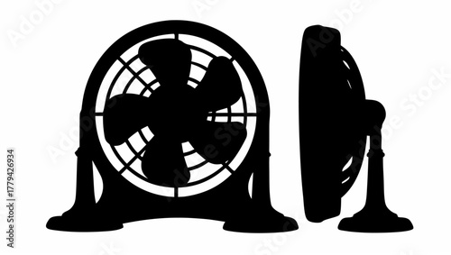 Silhouette illustration of two vintage electric fans with protective grills and pedestal bases design