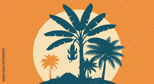 Tropical Silhouette Landscape with Palm Trees and Banana Tree Against Sun