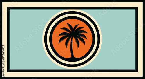 Tropical retro framed artwork with a solitary palm tree silhouette