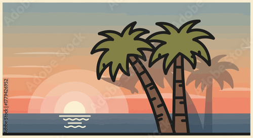 Tropical sunset with palm trees and sea waves in a simple retro style