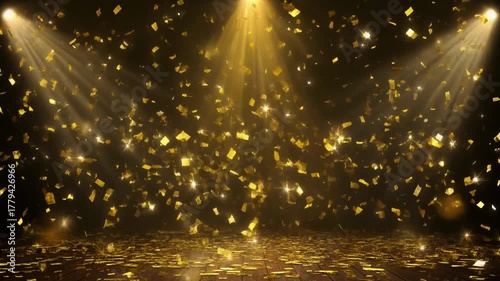 Wallpaper Mural Golden Confetti Falling with Sparkling Light　金色のホログラムのような紙吹雪と輝くスポットライトのステージ背景　動画 Torontodigital.ca