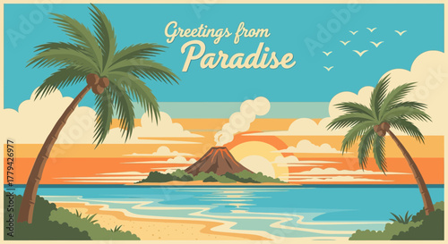 Vintage Paradise Postcard with Palm Trees, Volcano and Ocean View