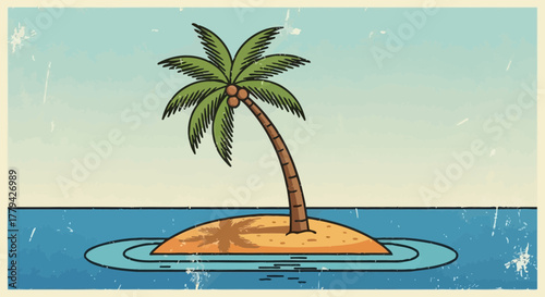 Vintage Palm Island with Palm Tree, Beach, Sea and Sky in Retro Style