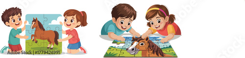 Set of Happy Kids Playing Jigsaw Puzzle Games Featuring Horse and Solving Together Vector Illustration