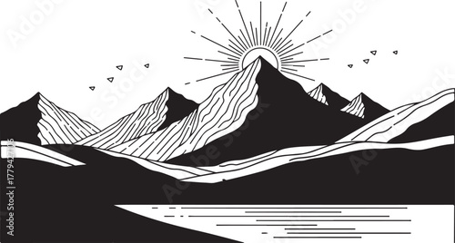 Stylized Mountain Landscape with Sunrise, Flying Birds, and Lake in Monochrome