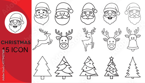 Christmas icons hand drawn santa claus reindeer and trees
