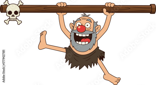 Cartoon character hanging on wooden pole, funny clown nose, exaggerated beard, humorous pose, playful comic art, surreal vector illustration