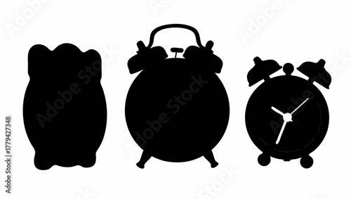 Three black alarm clocks in varying styles and shapes on a white background in a silhouette style