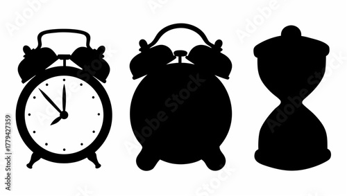 Silhouette illustration showing an alarm clock with visible hands, a second alarm clock, and an hourglass