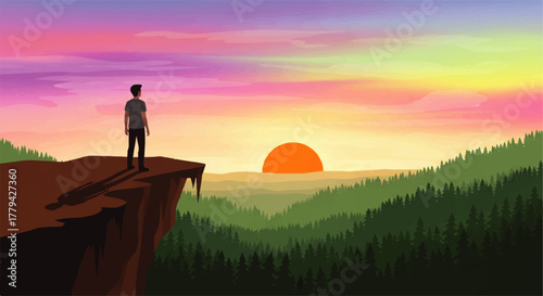 Man standing on cliff edge watching sunset over forest landscape.