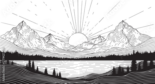 Scenic Mountain Lake Sunrise Landscape Line Art Illustration