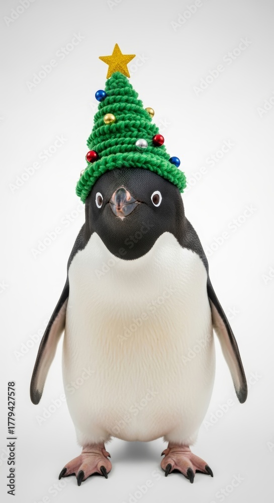Fototapeta premium penguin wearing a Christmas tree hat, holiday animal graphic, on a white background