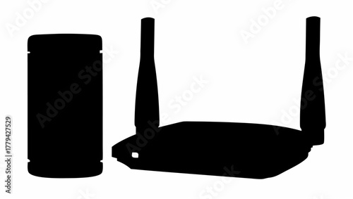 Silhouette of a router with two antennas and a cylindrical object standing next to it in black color