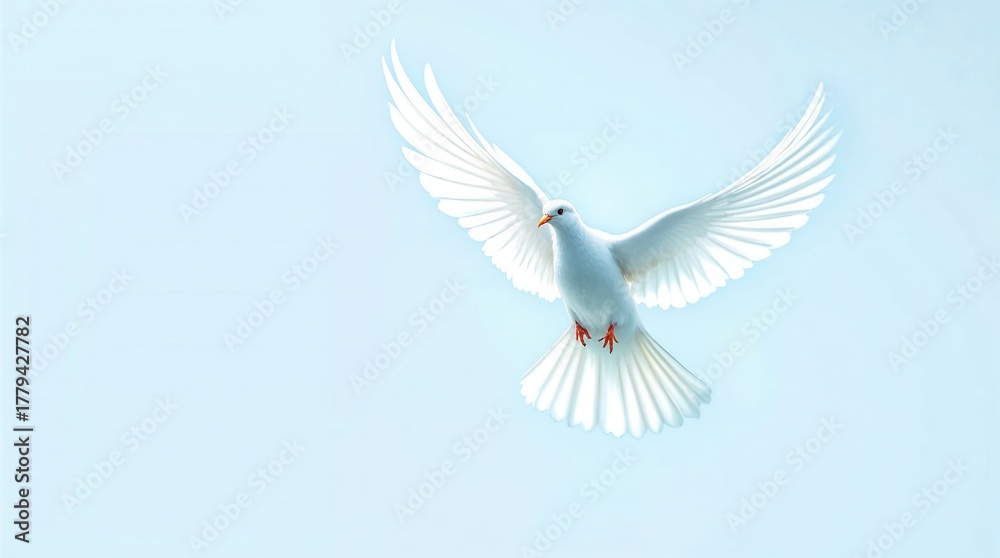 Fototapeta premium A white dove flying with wings spread wide against a blue sky. Symbol of peace, hope, freedom, and the holy spirit. Isolated background with copy space for text