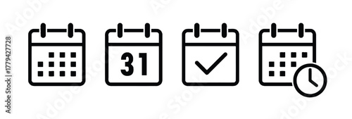 calendar, date, time, icon, symbol, schedule, planning, event, appointment, reminder, check, mark, clock, number, thirty-one, grid, interface, ui, ux, element, graphic, design, black, white, isolated,