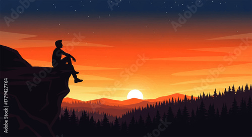 Silhouette of a person sitting on a cliff edge watching a sunset over a forest.