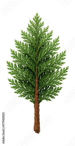 Cypress branch featuring soft, feathery foliage and fibrous, reddish-brown bark.