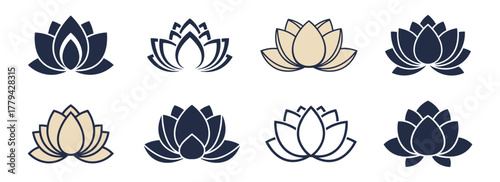 Lotus flower icons in dark blue and beige variations. Spiritual and balanced forms symbolize purity and enlightenment. Perfect for yoga, meditation, or spa branding