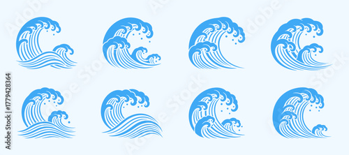 Blue ocean wave symbols in traditional Japanese style. Dynamic lines reflect motion, energy, and balance. Suitable for marine, travel, or abstract concepts