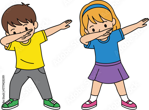 Cartoon children performing dab dance pose, trendy cultural movement, fun celebration gesture, modern kids character design, cad drawing flat vector illustration