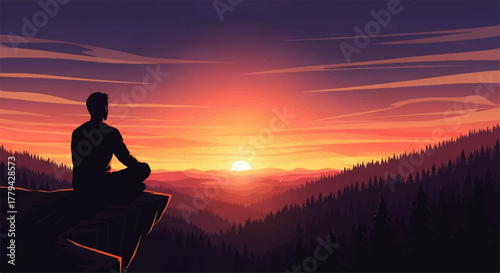 Silhouette of a person meditating on a cliff overlooking a valley at sunset.