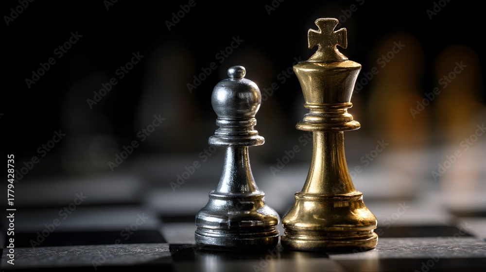 Fototapeta premium Metallic chess pieces of a king and a bishop rest upon a dark checkered board