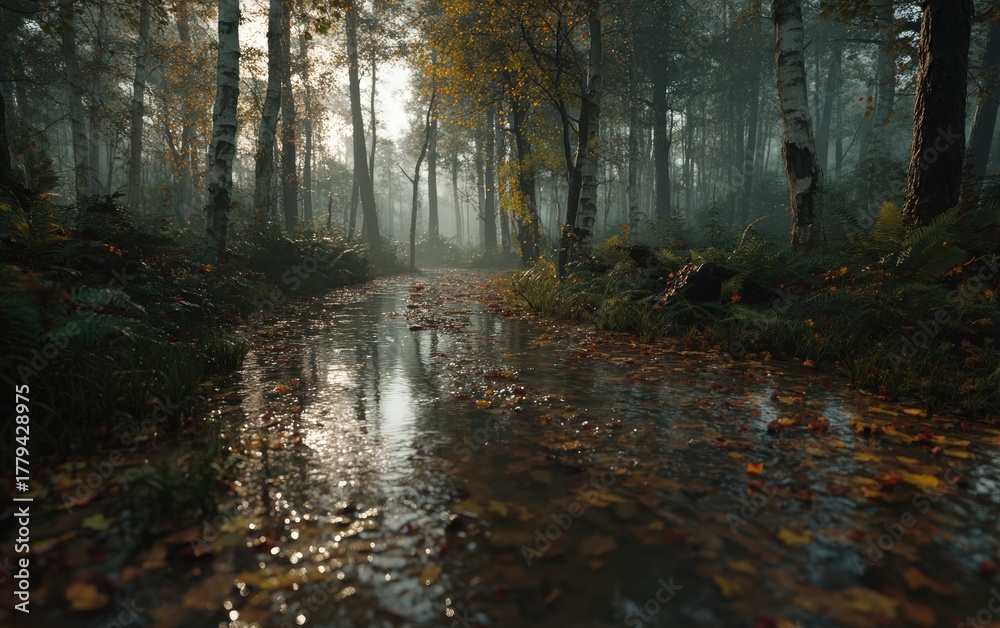 Fototapeta premium A forest path with a stream of water running through it