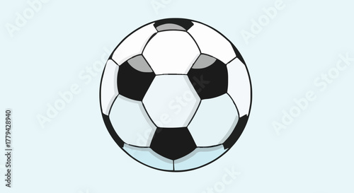Illustrated classic black and white soccer ball on a light blue background, representing sports, games, and competition