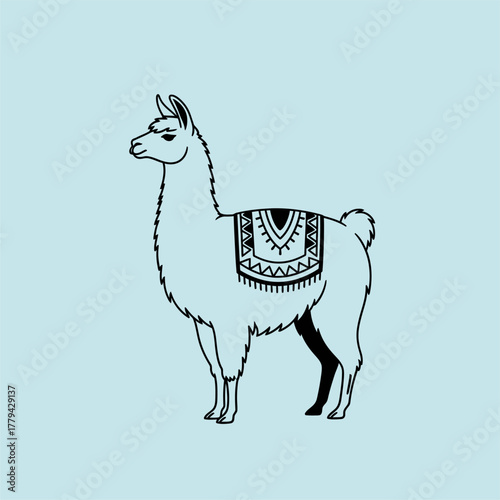 Stylized llama illustration featuring intricate patterns, set against a soft blue background