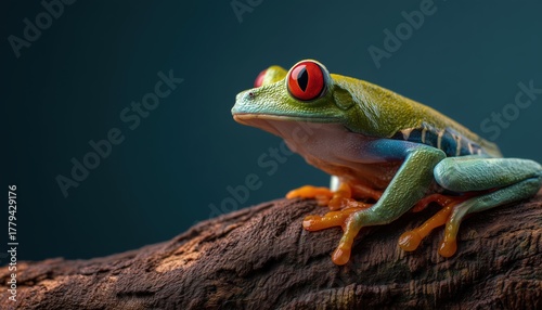 Up Close: Red-Eyed Frog Perched On A Tree Log In Zoo Laboratory. Exploring Terrariums, Zoology, Herpetology, And Science In Neotropical Rainforests Wildlife.
