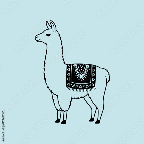 Stylized llama illustration featuring intricate patterns on its back against a light blue background