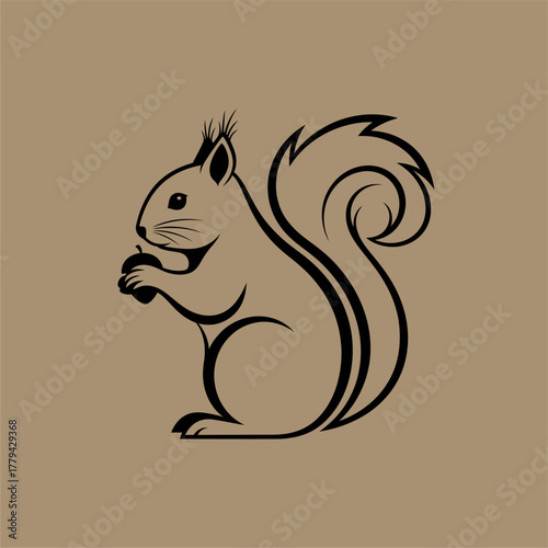 Stylized illustration of a squirrel holding an acorn, set against a simple brown background