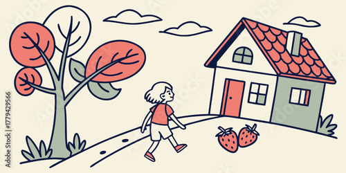 Child walking towards a house with a tree and strawberries