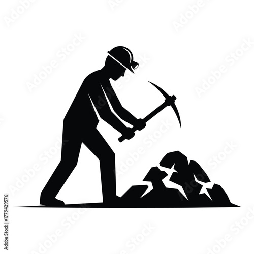 Mining worker silhouette with pickaxe isolated on transparent background, Vector