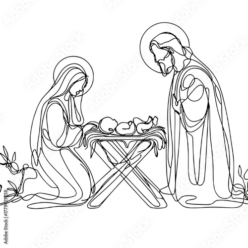 The Birth of Christ - Manger, Baby, Mary, Joseph Biblical Christmas Scenes outline / minimal linear vector
