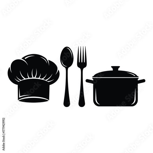 Kitchen utensils and chef hat silhouettes isolated on transparent background, Vector