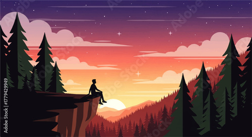 Person sitting on cliff edge watching sunset over forest landscape.