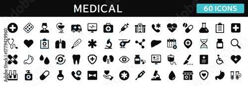 medical, health, healthcare, icons, symbols, science, medicine, hospital, doctor, nurse, ambulance, syringe, dna, stethoscope, heart, lungs, liver, kidney, eye, tooth, pill, capsule, test tube, blood 